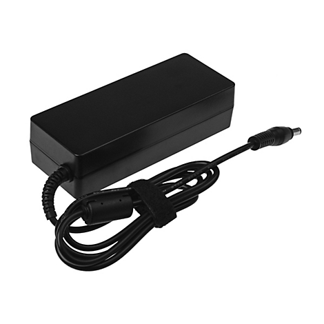 Schwarzes Laptop-Netzteil, rechteckig, mit Kabel und Klettverschluss.