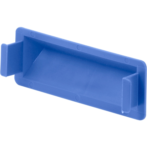 Blauwe, rechthoekige handgreep met twee verticale lipjes.