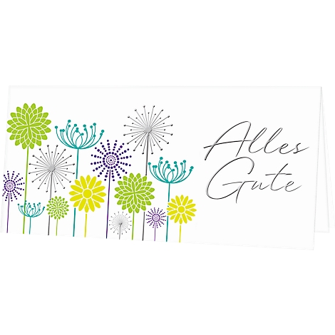 Card with green, purple, and yellow flowers with the inscription "Alles Gute".