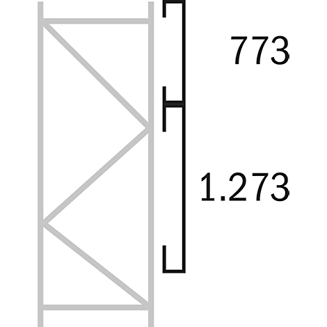 Construction drawing: Gray frame with diagonal struts, dimensions 773 and 1.273 in black.