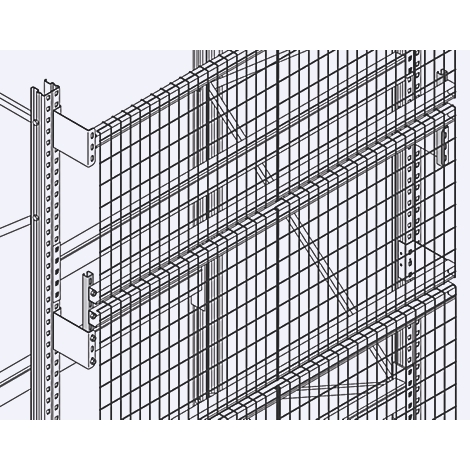 Top view of a metal shelving system with grid elements and struts, screws, and brackets.