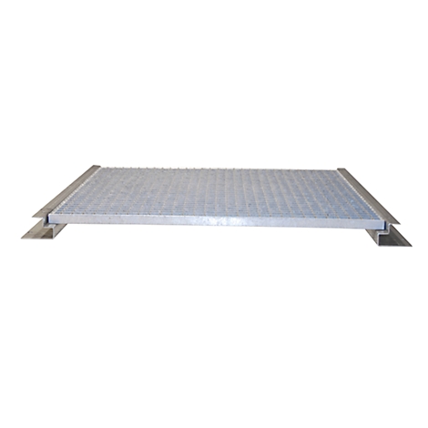 Gray metal platform with a grid pattern, mounted on supports.