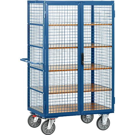 Blue mesh trolley with wooden shelves. Doors, handle, and wheels. Overall view.