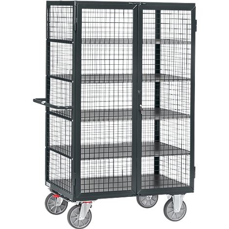 Black transport cart with mesh walls, doors, and wheels. Inside are shelves to which the wheels are mounted.
