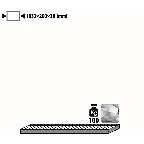 Gray grid plate; dimensions: 1033x280x30 mm. Weight: 180 kg. Symbol for stones.