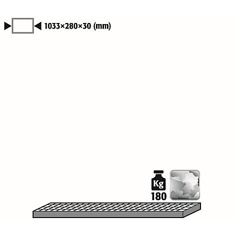 Top view of a grid grate, next to it information about dimensions and weight. A symbol for the load capacity at the bottom right.