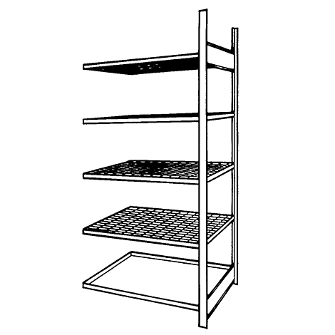 Top view of a multi-tiered shelf with metal grids. The empty shelves are outlined in white.