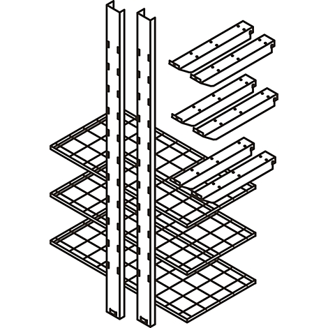 Black and white illustration of a shelving system with wire shelves, supports and brackets. The parts are shown against a white background.