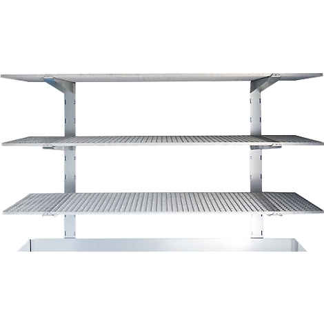 Metal shelf with three levels against a white background. Each level is perforated and supported by metal supports.