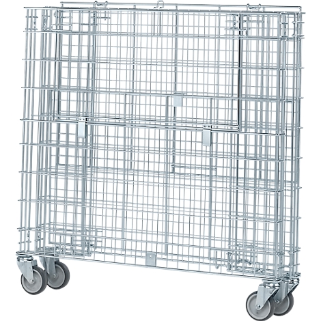 Silver wire mesh basket on wheels. The grid is rectangular with folding function. It stands on four wheels.