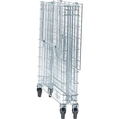 Folded metal transport trolley with wheels, shown in detail from the side.