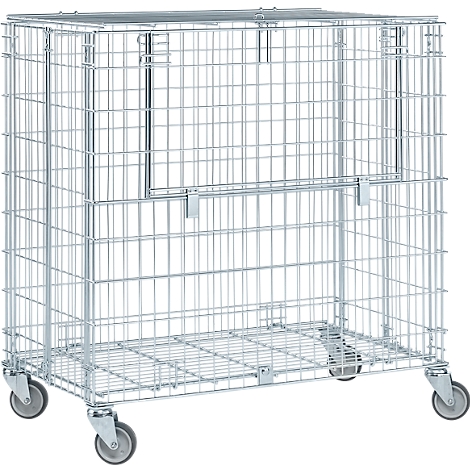 A wire mesh cart with wheels, made of metal, with a folding door.