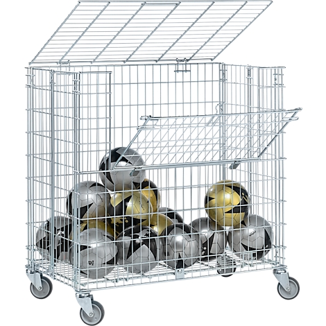 Metal basket with soccer balls. The lid and one side are open. Gray, silver and gold balls are inside.