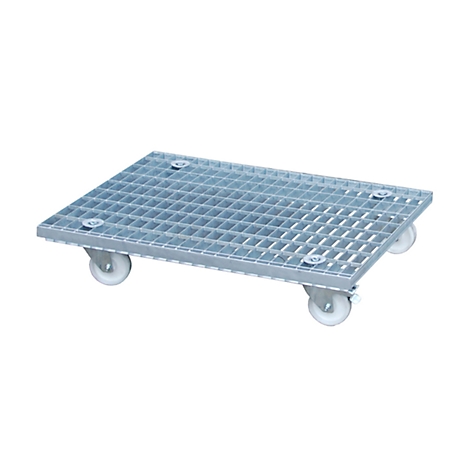 Metal transport trolley with grid grating and four wheels. On a white background.