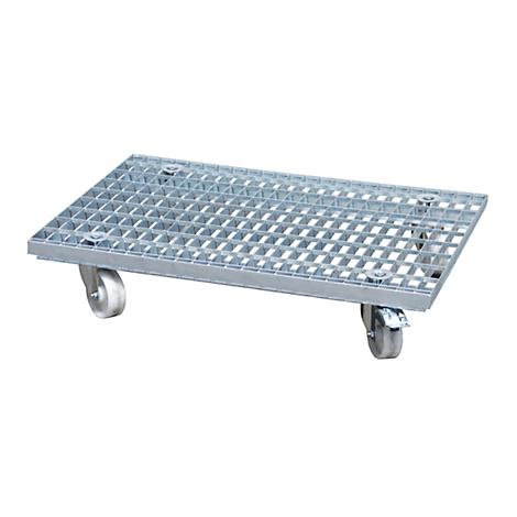 Grid cart with castors. A rectangular metal plate with square openings, supported by four castors.