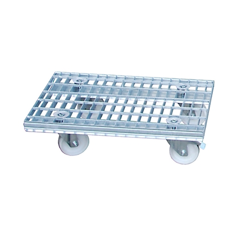 Grey, rolling grid pallet, top view. Two wheels on each side.