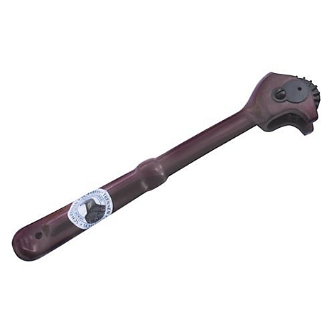 Maroon-colored, curved pipe cutter. A sticker on the shaft. A gear on the head.