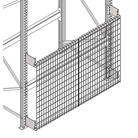 Steel mesh on a shelf. The mesh is rectangular, with a multitude of small, square holes. It is held by brackets.