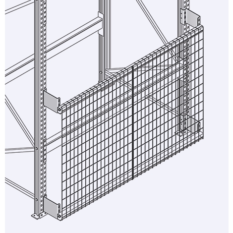 Wire mesh as shelf protection, perspective view. Grid attached to metal frame.
