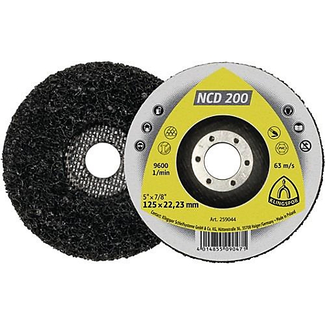 Schleifscheibe mit gelbem Dreieck mit "NCD 200". Durchmesser: 125 x 22,23 mm, 9600 1/min, 63 m/s. Schwarze und graue Elemente.