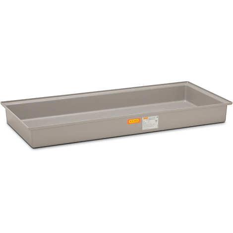 Gray, rectangular plastic tub with raised edge and stickers.