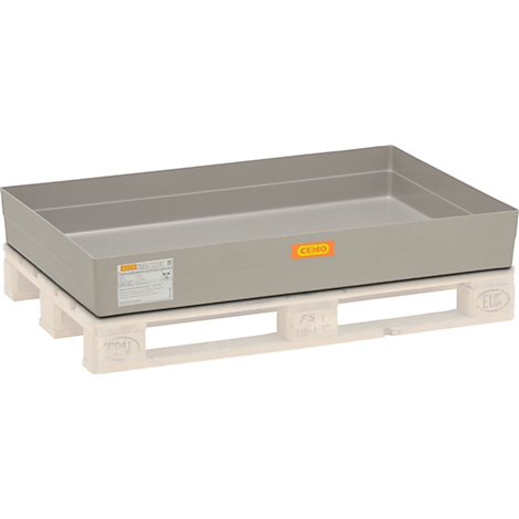 Gray plastic tub on a Euro pallet. The tub has a rectangular base and a low edge. There is a yellow-orange sticker on the tub.