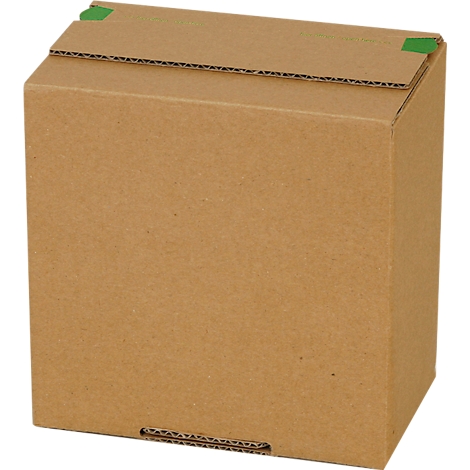 Cardboard box with green adhesive dots on top. Made of brown cardboard. Closed flap.