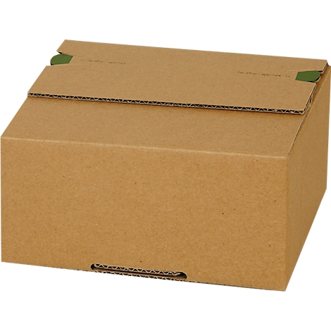 A rectangular box made of brown cardboard, with a lid that is slightly open. Green colored tapes secure the lid.