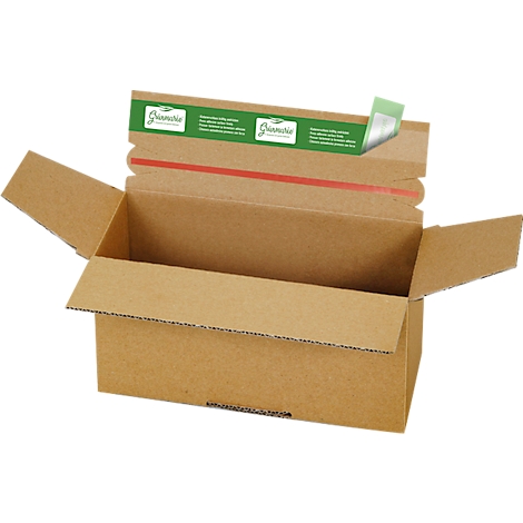 Opened brown cardboard box with printed flap. On the flap are green stripes with white text and an open bag.
