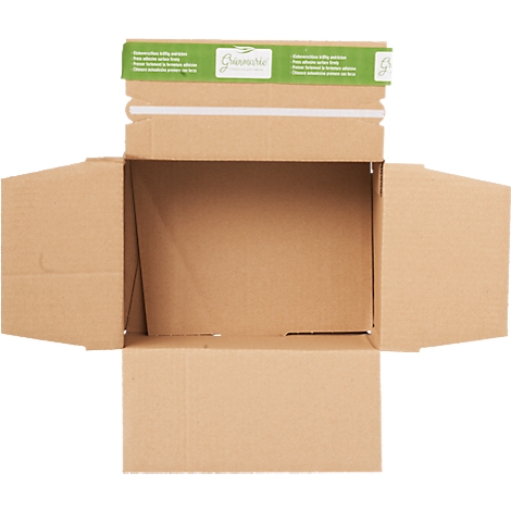 Open cardboard box, brown, green top with white text, flaps are open.