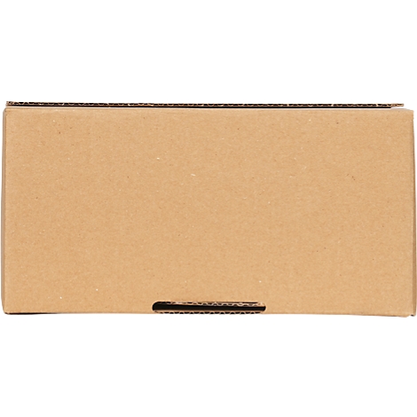 Top view of a closed brown cardboard box with a rectangular recess.