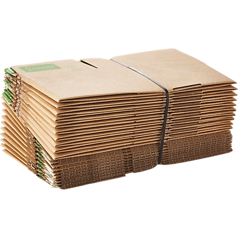 A stack of brown cardboard packaging, held together by a black rubber band.