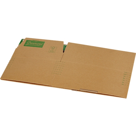 Opened brown cardboard shipping envelope, green logo, sustainable paper type.