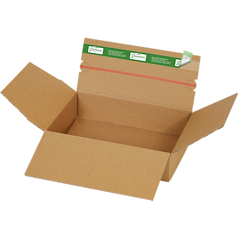 Open brown cardboard box with green tape and a red stripe.
