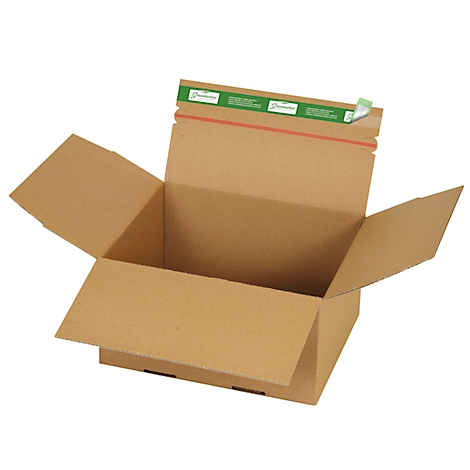 Open cardboard box against a white background. The box has a green sealing strip.
