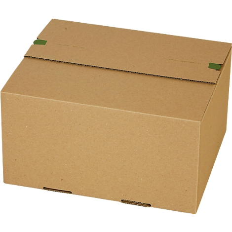 Brown cardboard box, partially closed. Green adhesive strips hold the lid together.