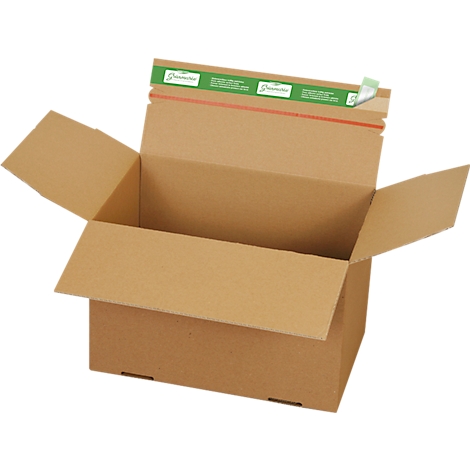 Open brown cardboard box. The flaps are unfolded, ready to be filled. There is a green sticker on the closure.