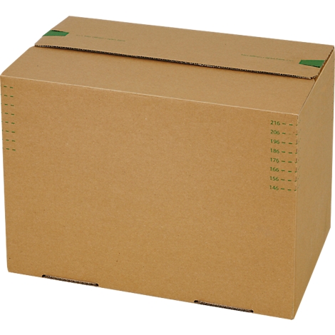 A rectangular box made of brown cardboard. The lid is closed, secured with green tape. Green measurement numbers on the side.