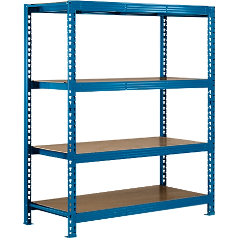 Blaues Metallregal mit vier Regalböden aus Holz.