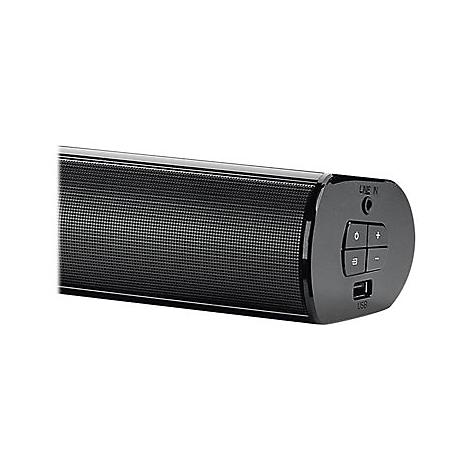 Nahaufnahme eines schwarzen Soundbars mit Lautsprechergitter. Sichtbar sind AnschlÃ¼sse und Tasten: Line In, USB, +, -.