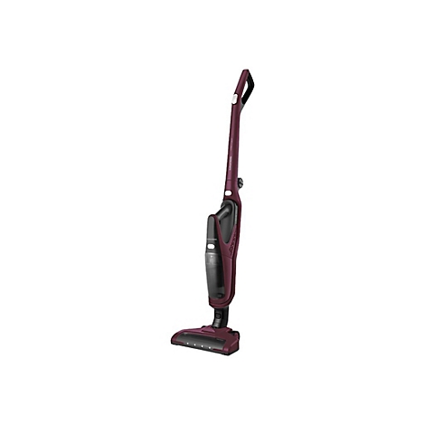 Dunkelroter, schlanker Akku-Stielstaubsauger von Grundig vor weißem Hintergrund.