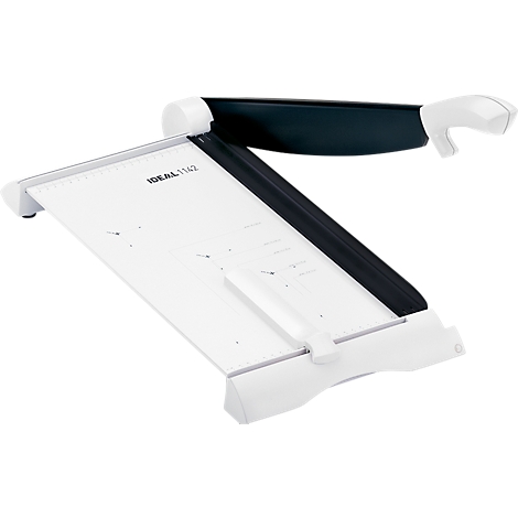 White paper cutter. Black handle and blade. Measurements are printed on the base plate. Lettering IDEAL 1142.