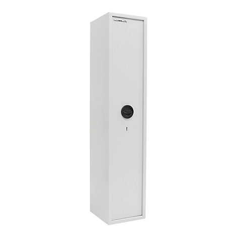 White gun safe, tall, narrow shape, black round lock, company logo on top.