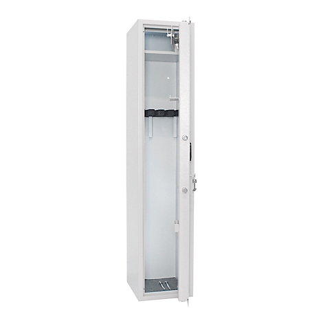 Open white gun safe with gun holders. The door is open.
