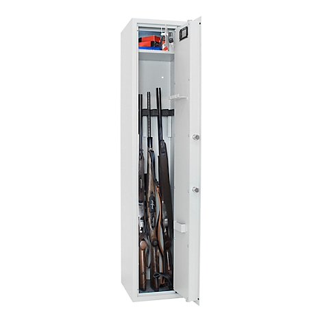 Opened gun safe with rifles inside. The door is open.