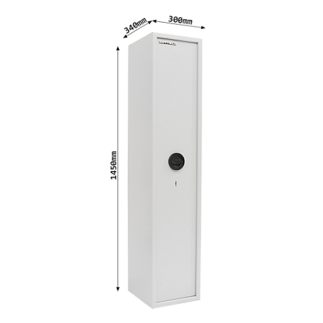 White gun safe, dimensions: 1450mm high, 340mm wide and 300mm deep, with rotary lock.