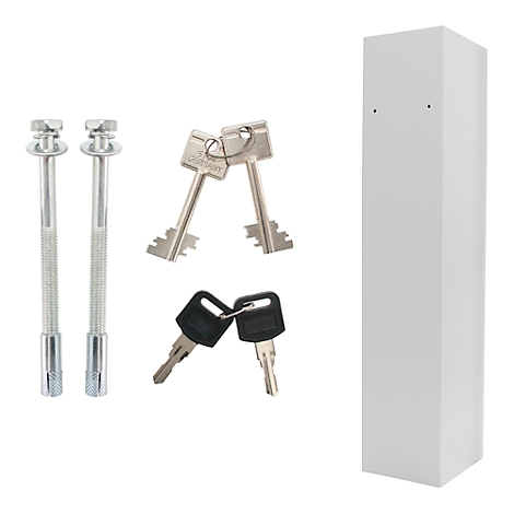White column element, screws, silver and black keys on white background.
