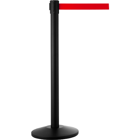Schwarze Absperrstange mit rotem Band vor weißem Hintergrund.