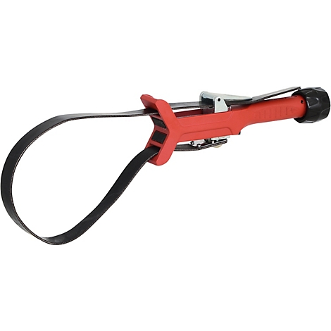 Rote Ölabziehzange, schwarzes Band umschließt einen Kreis. Metall-Klemmen und schwarzer Griff.