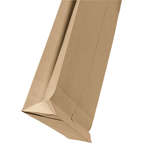 A brown paper bag, photographed diagonally from below, with a folded bottom.